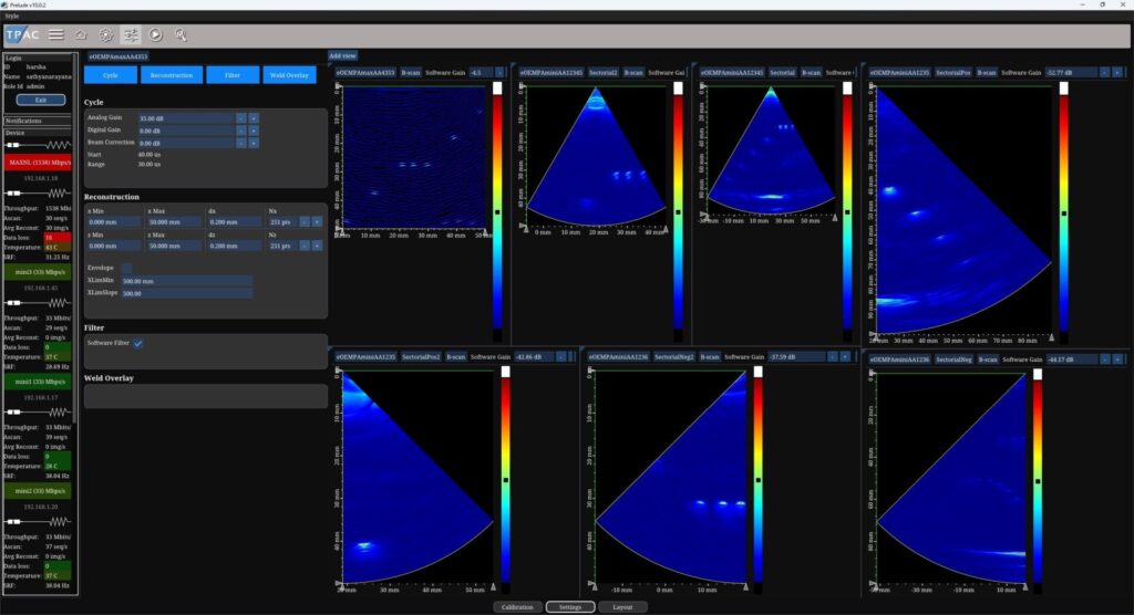 Multiple Hardware and acquisitions 1 MAX running TFM on 64 elements in parallel with 3 MINI, each running 2 sectorial scans 64 elements